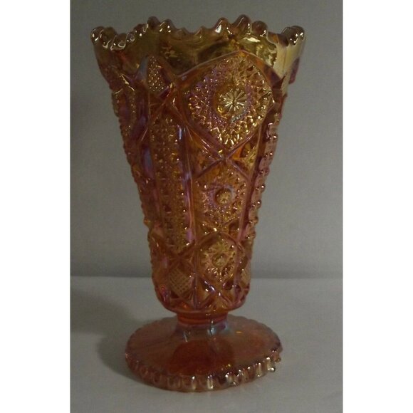 Imperial Glass Ohio Vase Footed Amber Carnival 6-1/4" Daisy and Button gold - Picture 2 of 12